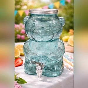 NWT Gallon Blue Tinted Glass Bear Shaped Cold Drink Dispenser Cute & Silly